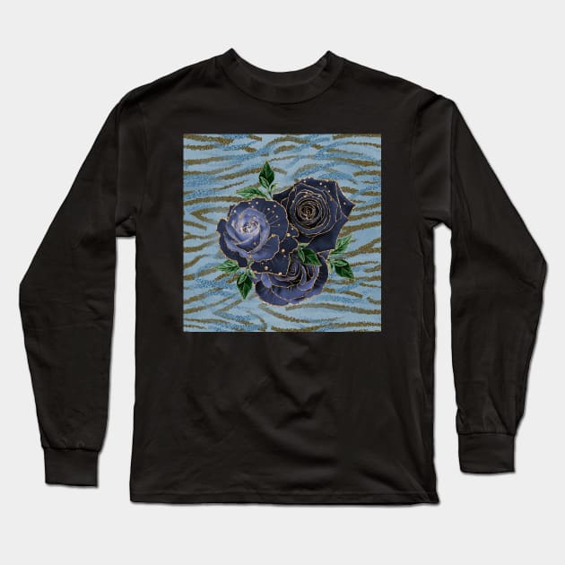 Wild Tiger Stripe Golden Blue Roses Long Sleeve T-Shirt by Holisticfox
